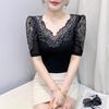 New Summer Luxury Shiny Hot Diamonds Women's Embroidery Flower T-Shirt Elegant V-Neck Lace Patchwork Tops Female Transparent Mid-Sleeve Tees