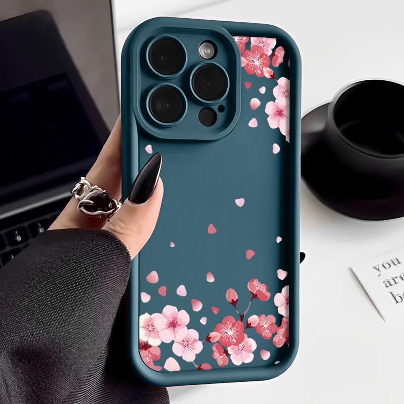 Мягкий силиконовый чехол из ТПУ для iPhone 15 16 14 Pro Max 11 12 13 Pro 16E XR 15 Plus с розовым узором цветущего персика, противоударный чехол