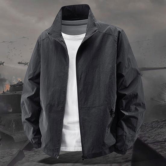 Мужская куртка с воротником-стойкой, длинным рукавом, на молнии, весенне-осеннее пальто с карманами, однотонная