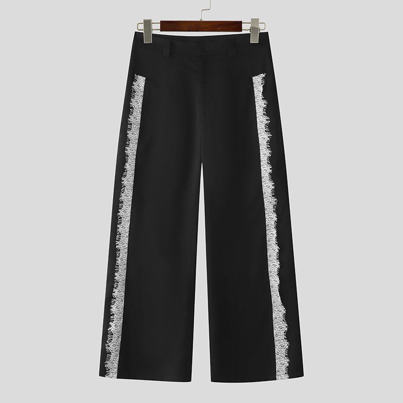 INCERUN Мужские повседневные длинные прямые брюки на молнии с кружевной вставкой сбоку на талии