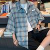 Мужская одежда Лето Модный Японский стиль Винтажная Клетчатая Рубашка Харадзюку Повседневная Уличная одежда Y2K Оверсайз С коротким рукавом Карманы Топы