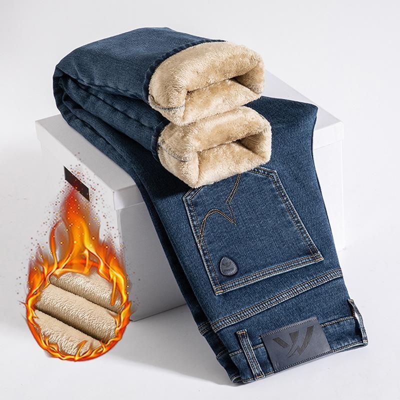 Джинсы брюки высокого класса осень и зима эластичный флис прямые брюки