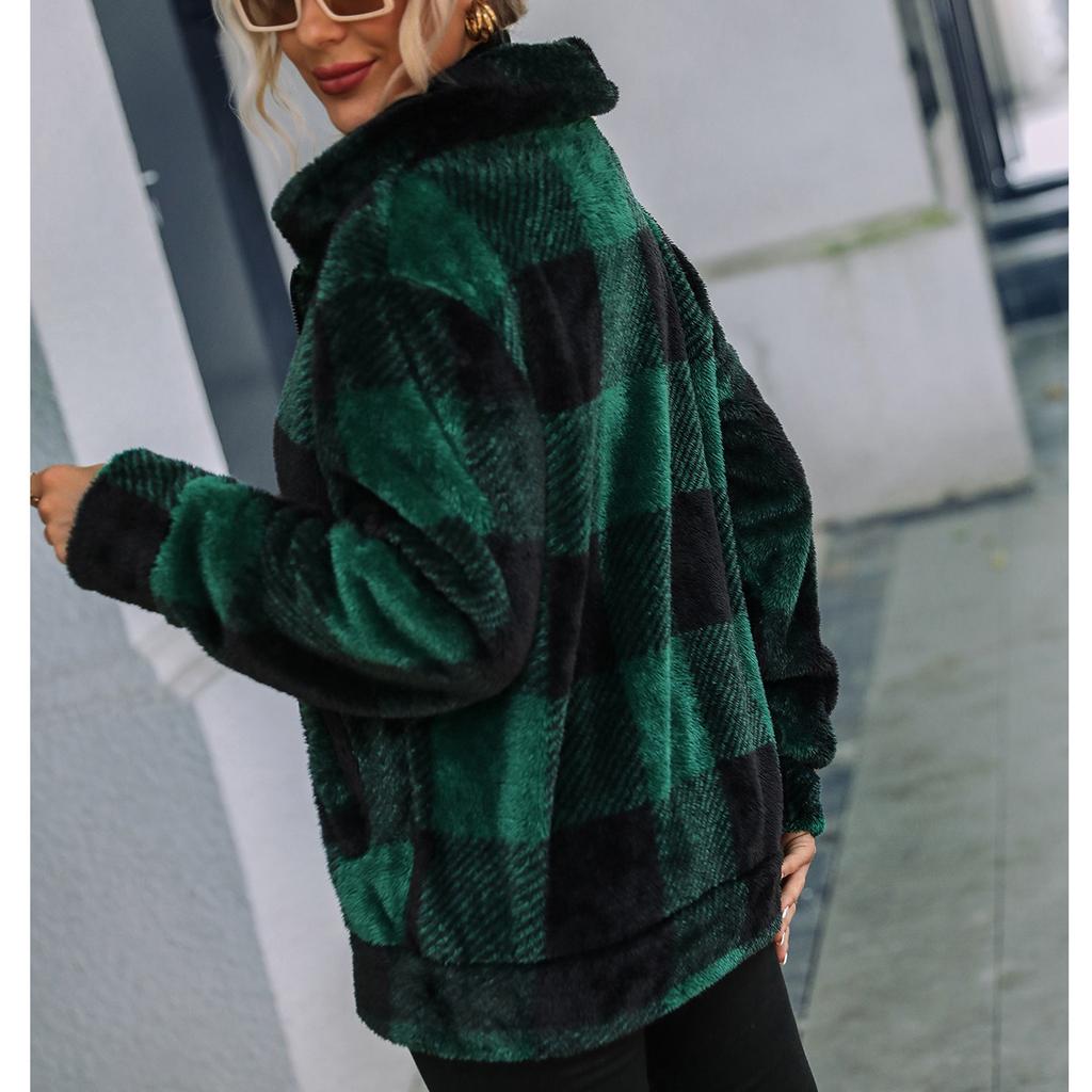 Женская повседневная клетчатая куртка средней длины с двухсторонним плюшем на молнии с длинными рукавами
