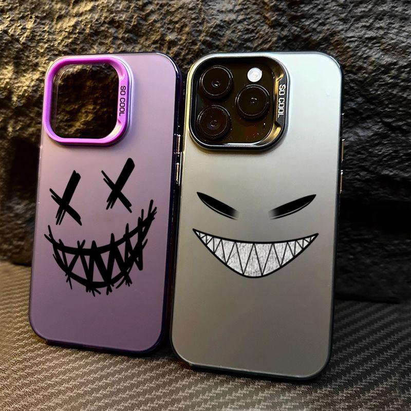 Smiling Devil Print Electroplate Silver IMD Phone Case For iPhone 16 15 14 13 12 11 Pro Max 7 8 Plus X 16E Shockproof Hard Cover