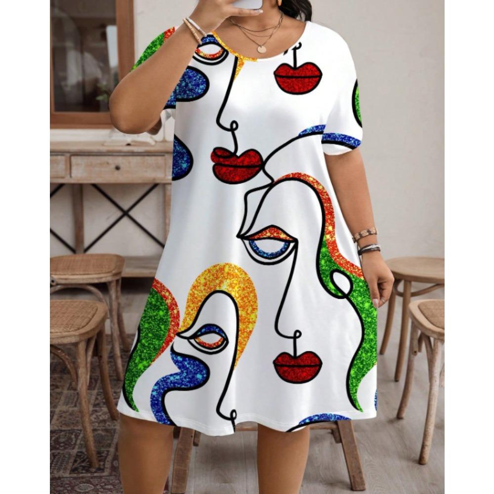 New Fashion 2025 Summer Casual Home Women's Clothing Medium Skirt Round Neck Portrait Print Short Sleeve Dress Women's Clothing