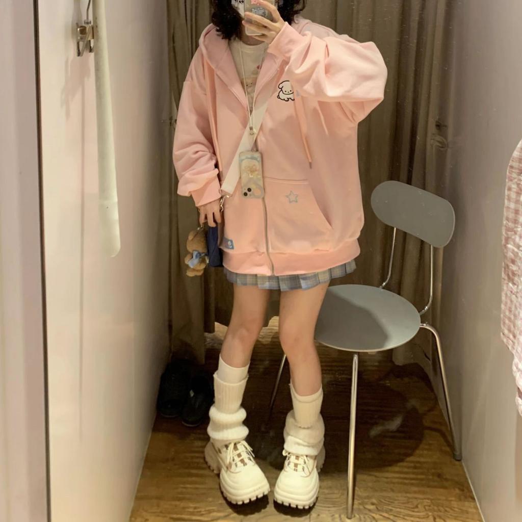 Harajuku Kawaii розовая толстовка на молнии женская милая милая мультяшная бежевая кофта с капюшоном оверсайз корейский флисовый девчачий синий топ