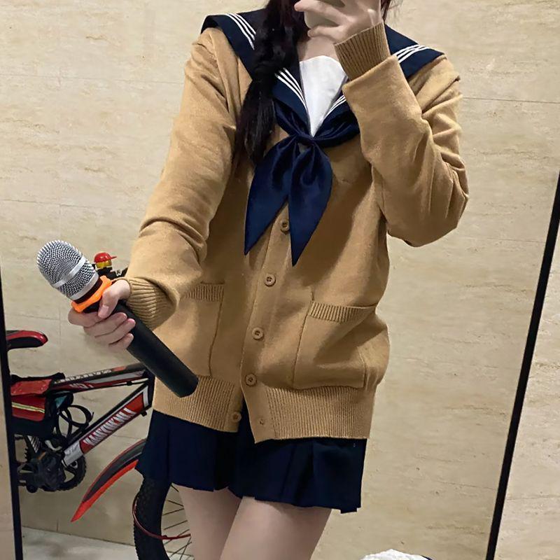 Navy Blue Japanese School Style Women's Cardigan Sweater for Autumn & Winter