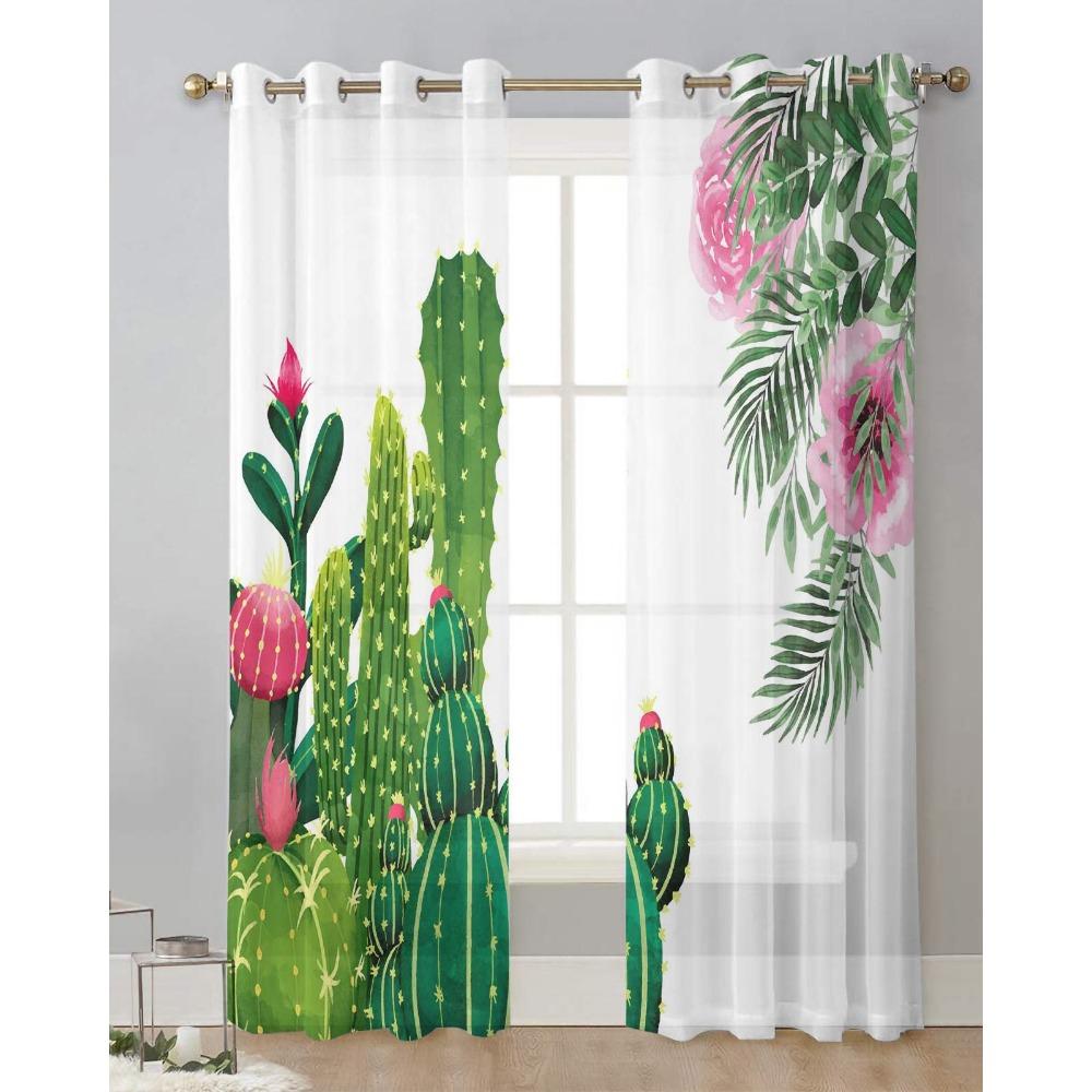 Cactus Tropical Flower Leaves Sheer Curtains for Living Room Decoration Window Curtains for Kitchen Tulle Voile Organza Curtains