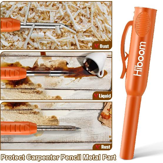 Hiboom 2 Pack Solid Carpenter Pencils with Pencil Cap and 18 Refills, Long Nose Deep Hole Mechanical Pencil Marker, Scribe Tool with Built-in