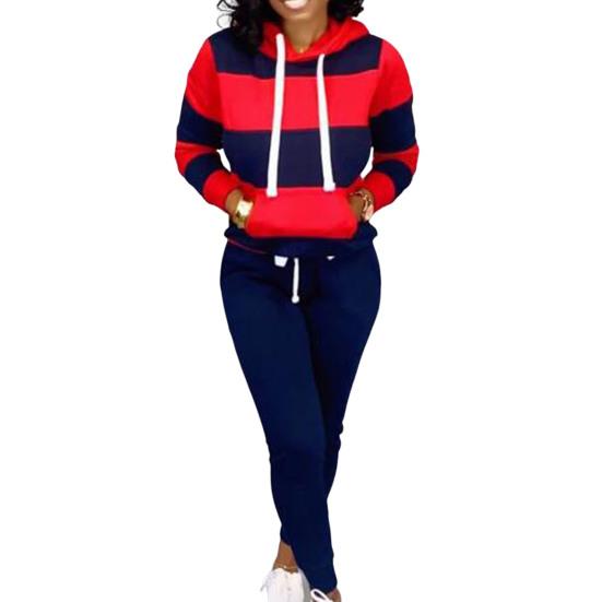 2 Pcs/Set Women Hoodie Pants Set Elastic Waist Striped Color Matching Hooded Long Sleeves Warm Drawstring Plus