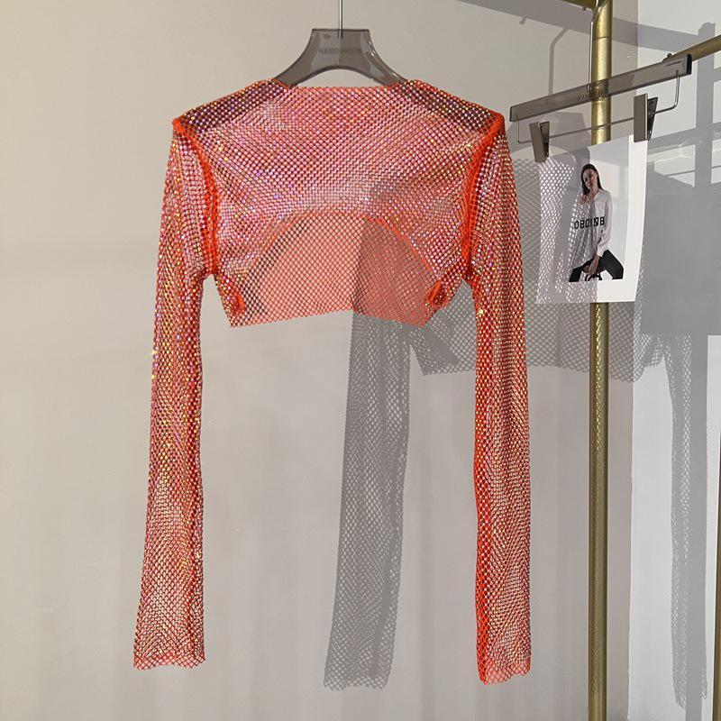 Блестящий сетчатый ромбовидный солнцезащитный топ с длинными рукавами для вечеринки
