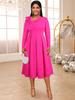 Fuchsia Midi Dresses for Women Slant Neck Long Sleeve Lovely Bowtie Cocktail Wedding Gust Gowns