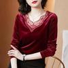 Women's Fashionable Golden Velvet Top Spring Autumn New Mother's Long Sleeve Tshirt Temperament Lace V Neck Bottoming Blouse