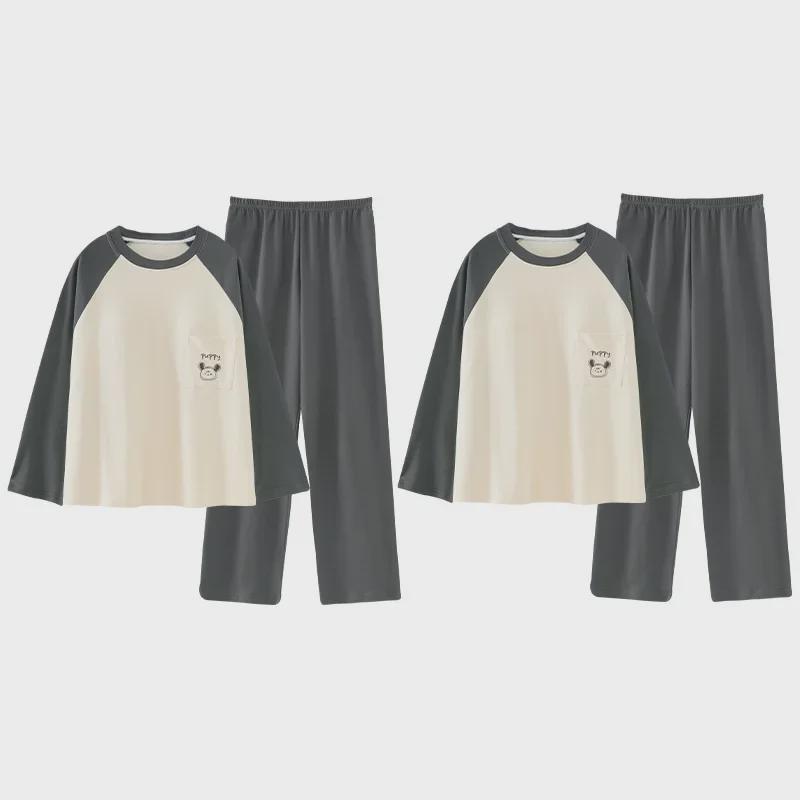 «Женский и мужской пижамный комплект с нагрудными накладками и рисунком – домашняя одежда с длинными рукавами в корейском стиле для осени и зимы»