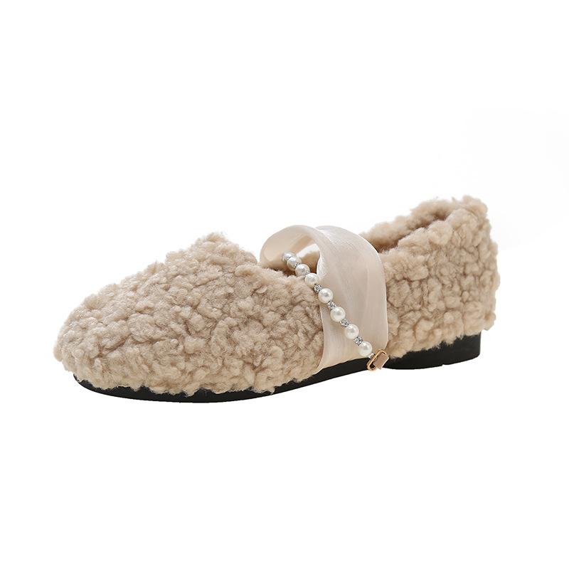 Fashion European and American Flat Bottomed Cotton Shoes for Women In Autumn Winter 2024 New Pearl Belt Plush Insulation Cotton Shoes