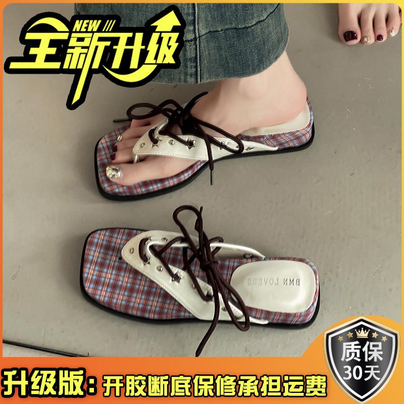 Квадратный носок клетчатые толстоподошвенные женские шлепанцы модный летний универсальный дизайн носок отпуск танкетка шлепанцы сандалии