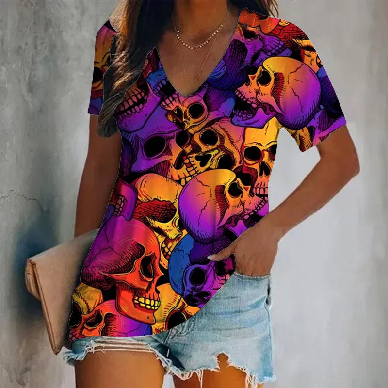 Футболки с 3D-принтом и рисунком черепа, женская летняя повседневная футболка с V-образным вырезом и коротким рукавом, топ Y2k, футболки Harajuku большого размера, женская одежда