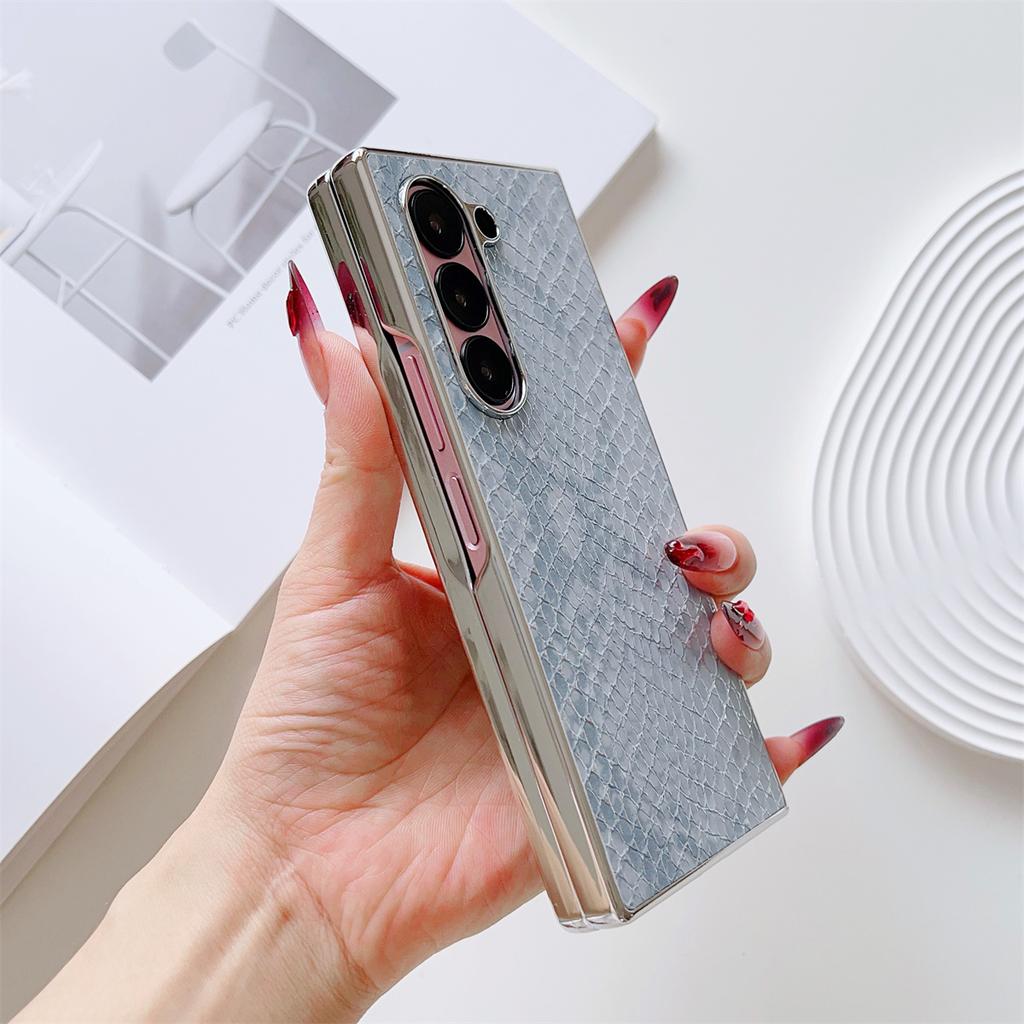 Electroplate Frame Phone Case for Samsung Galaxy Z Fold 7 6 5 4 3 Fold7 Fold6 Serpentine Leather ShockProof Protective Cover