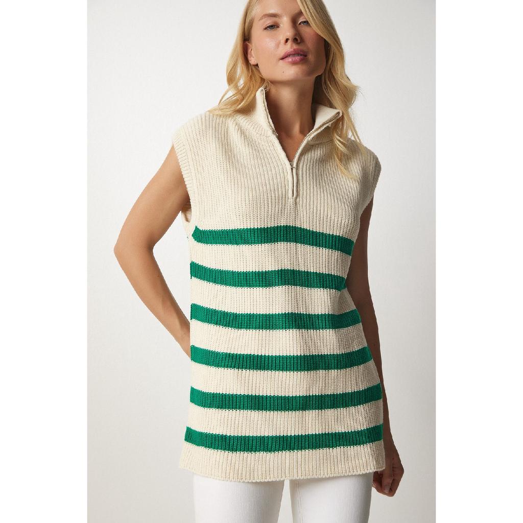 Женский кремовый черный полосатый свитер с воротником на молнии Mx00123