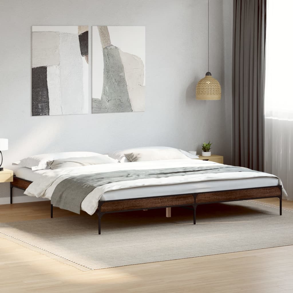 Brown Oak Effect Bed Frame 200 x 200 cm Wood Based Panel & Metal