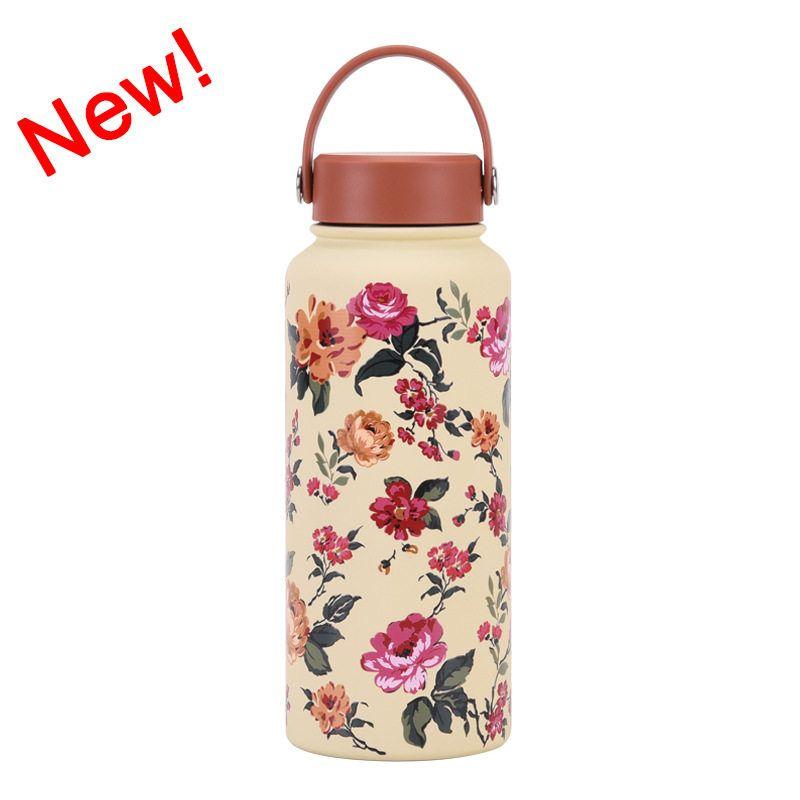 2025 New Model 1L Large Capacity Thermos Cup with Wide Mouth, Portable Handle, Sports Water Bottle, Outdoor Printed Water Cup for Women