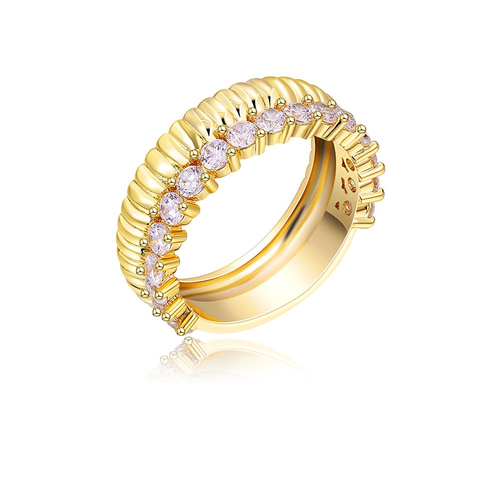 Shining Cubic Zirconia Metal Texture Stainless Steel Double Layer Ring Trendy Gold Plated Geometric Circle Finger Jewelry Gifts