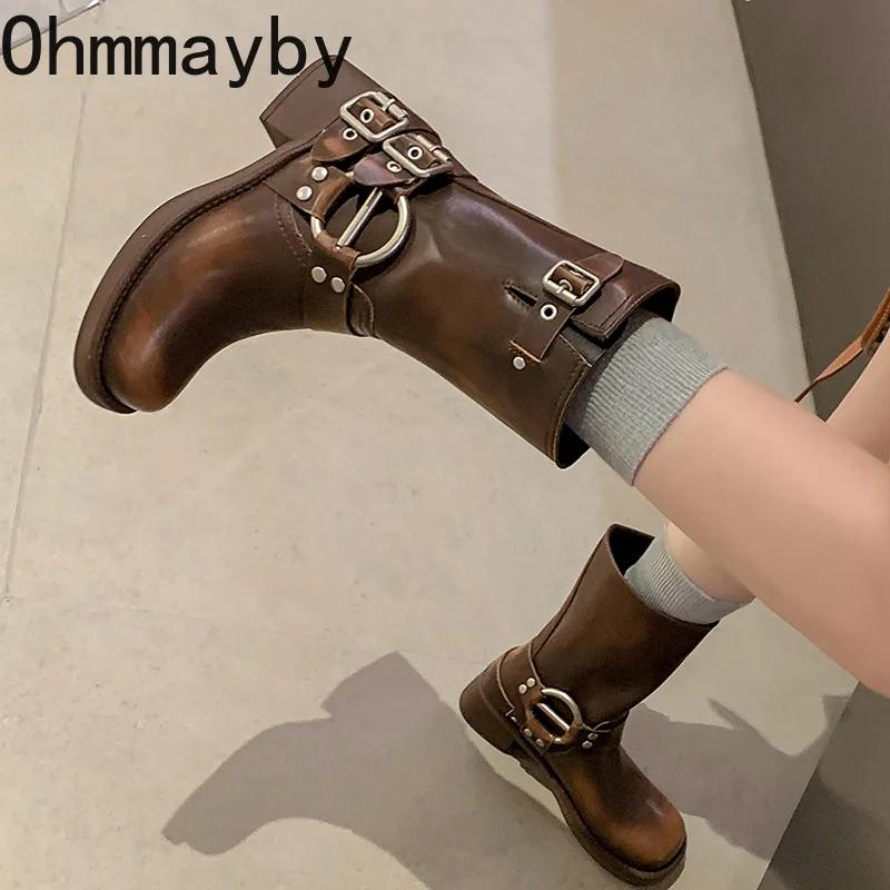 Fashion Retro Style Women Western Cowgirl Short Boots Fashion Belt Buckle Square Heel Shoes Autumn Winter Ladies Ankle Booties