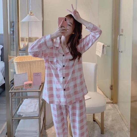2 шт./компл., женский пижамный комплект на весну и лето, клетчатый принт с лацканами и длинными рукавами, свободный однобортный широкий комплект домашней одежды, рубашка и брюки, комплект одежды для сна