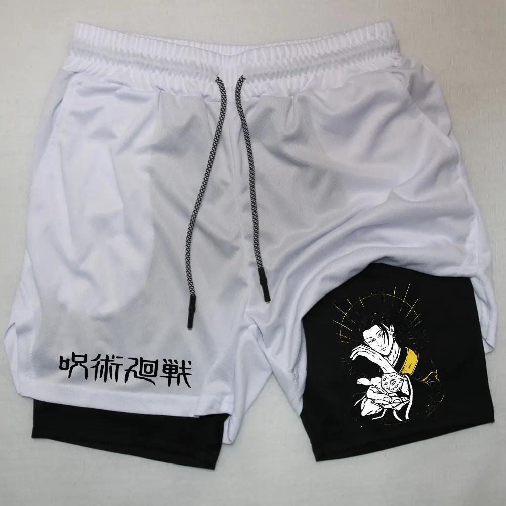 Тренировочные шорты 2 в 1 компрессионные шорты для мужчин тренажерный зал тренировки бег спортивные аниме джиу-джитсу кайсен карманы активная одежда