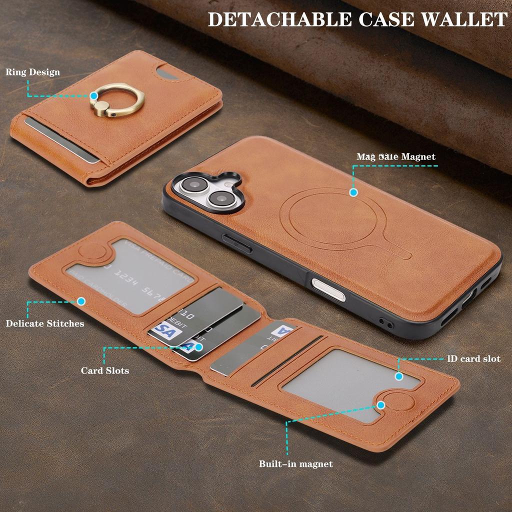 Detachable Magnetic Card Wallet Leather Case for iPhone 16 Pro Max 17 Air 16e 15 14 13 12 Wireless Charging+Ring Holder Cover