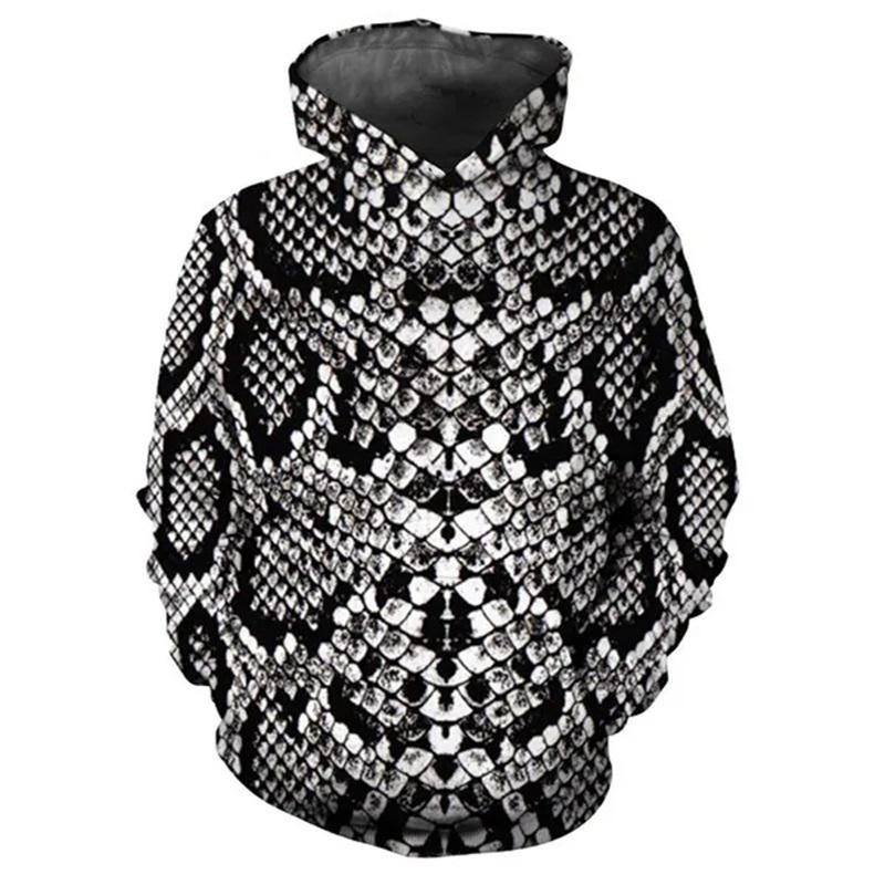 Unisex Oversized Hooded Pullover, Snake Skin 3D Print, Casual Streetwear Sweatshirt Top