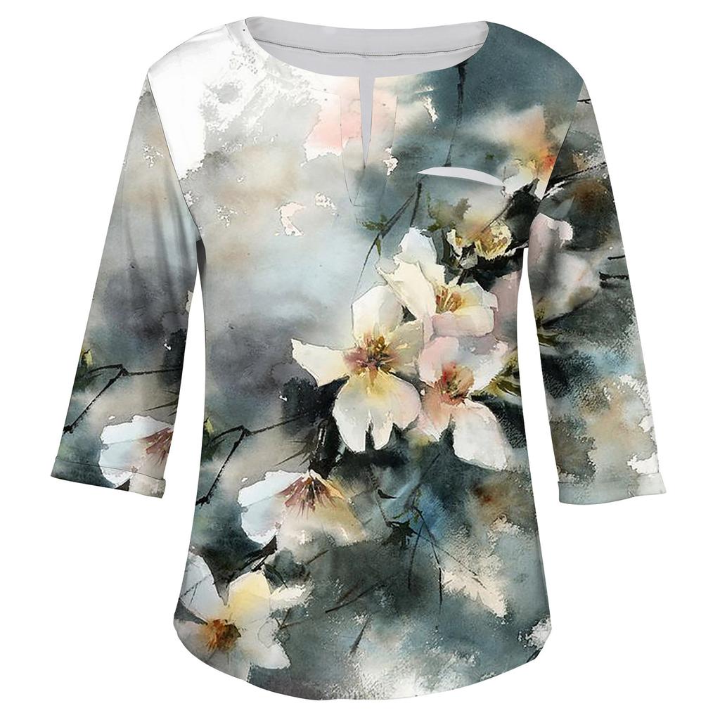 Женский модный повседневный пуловер с рукавами три четверти и V-образным вырезом с принтом, топ с рукавами 4/3