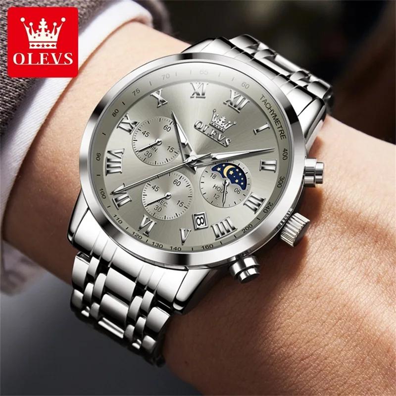 Multifunctional Men's Watches Chronograph Quartz Watch Moon Phase Calendar Luminous Waterproof Watch for Men
