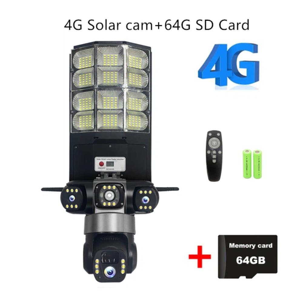 Solar 4G Street Light Camera, 10X Zoom, 3-Lens Recording, Humanoid Tracking, Outdoor Camera Lamp, Remote Control, Waterproof Design