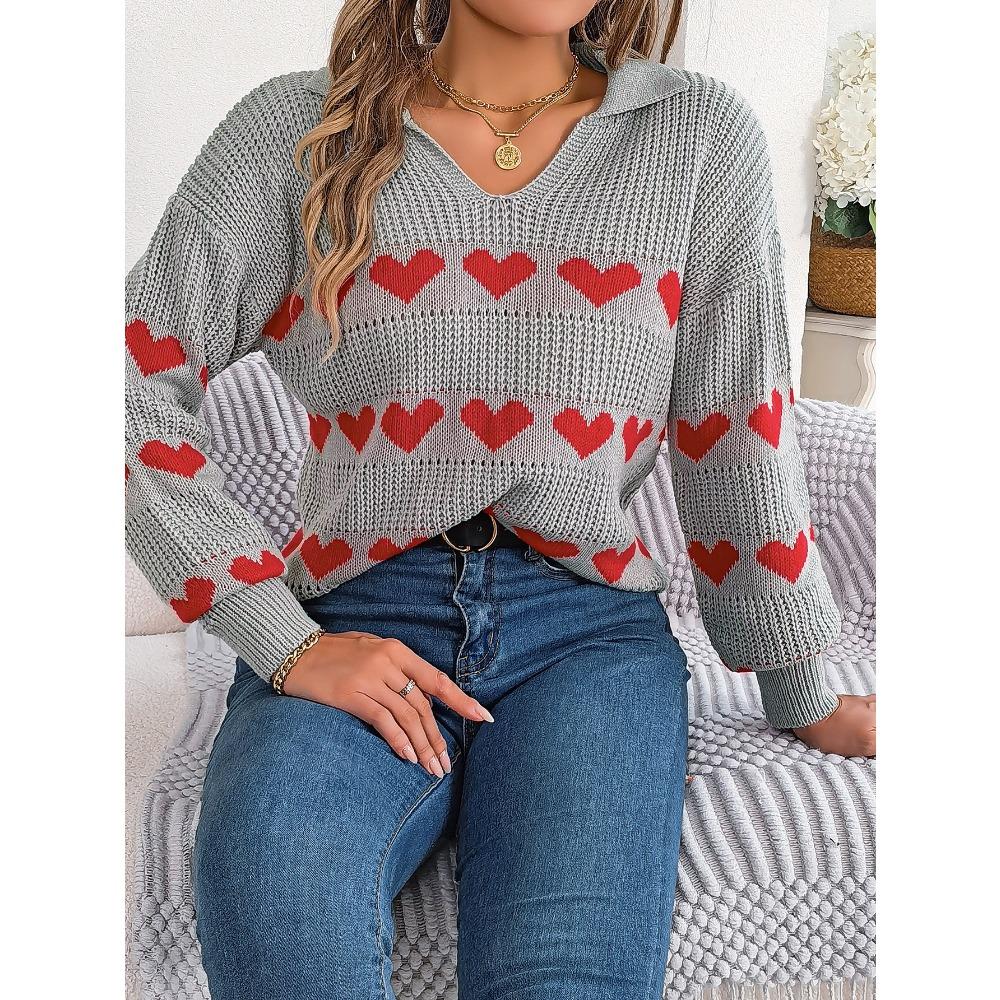 Autumn and Winter Casual Lantern Sleeve Contrast Color Love Pullover Sweater