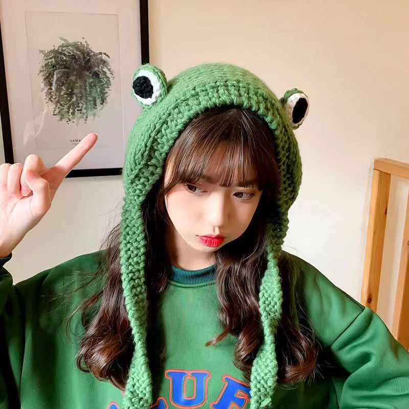 Korean-Style Cute Frog Knit Hat with Ear Protection