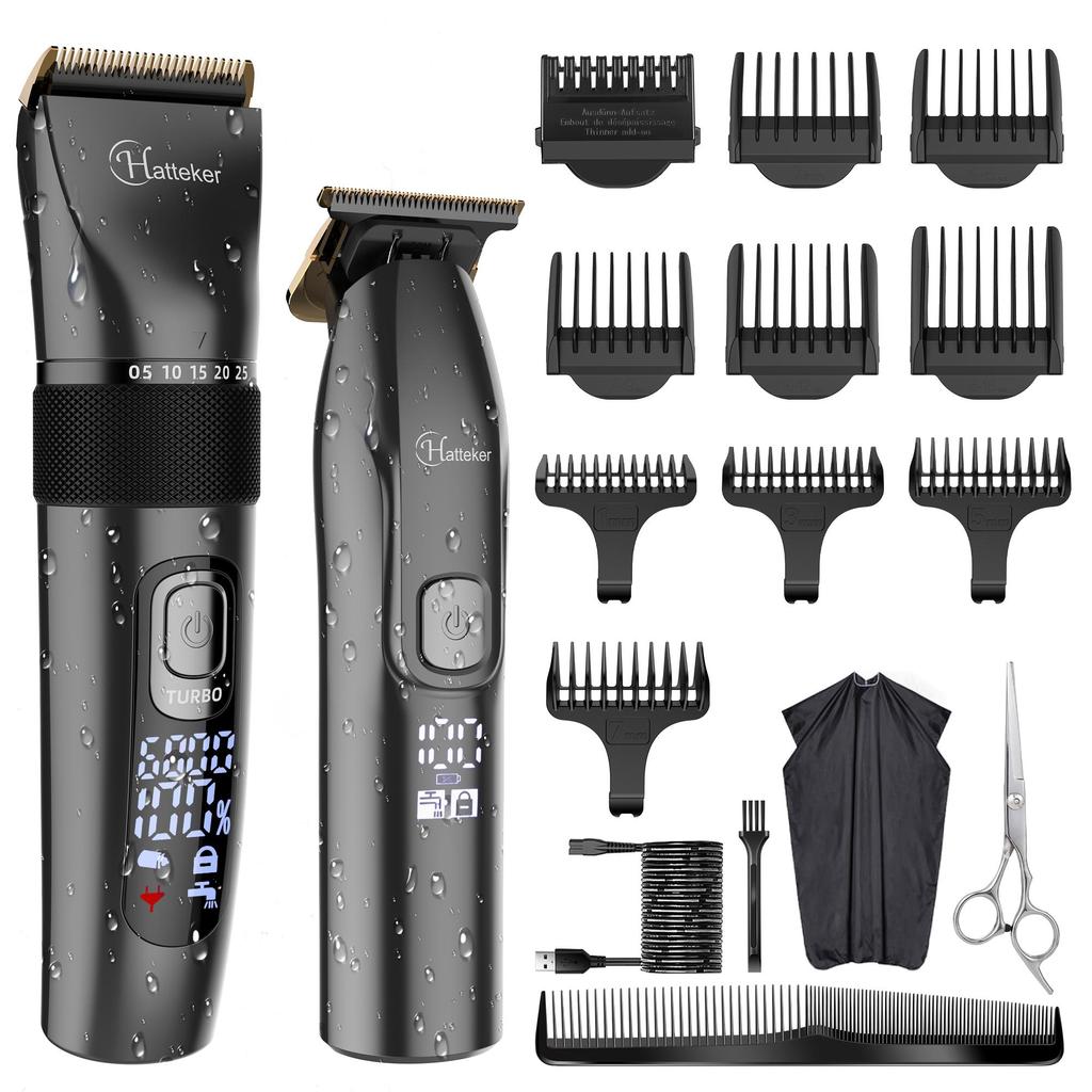 Hatteker Men's Hair Clipper Cordless Beard Trimmer T Trimmer Waterproof Haircutt Kit Hairdressing Cape and Scissors