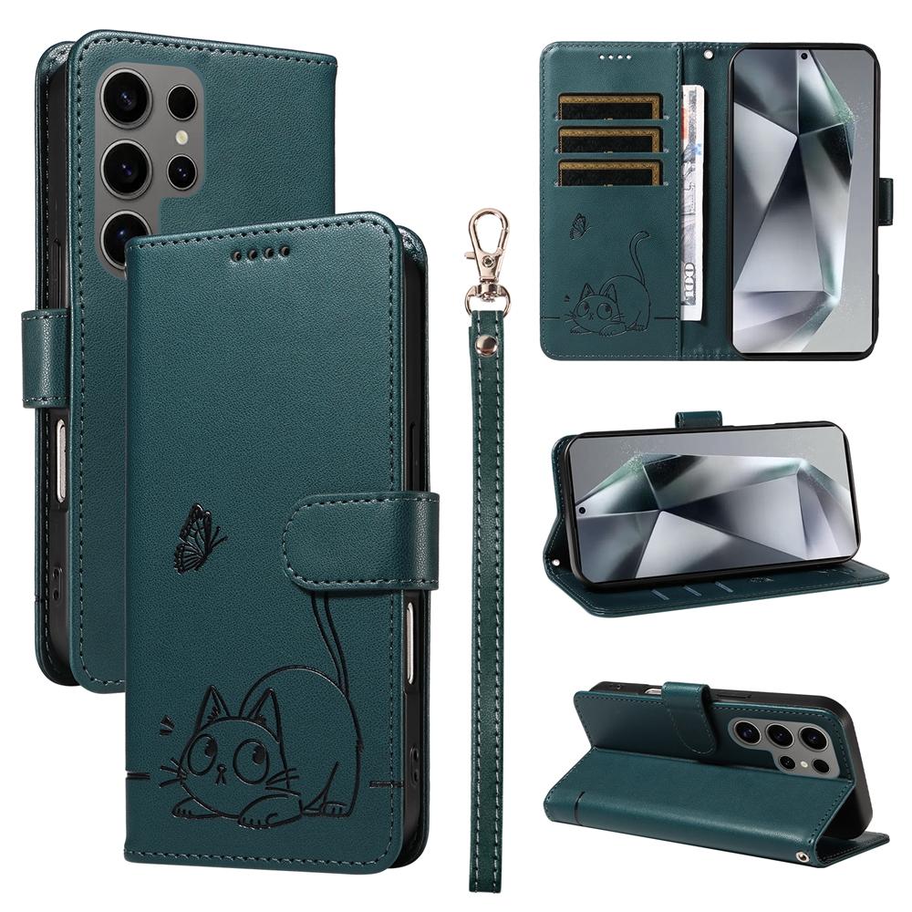 Magnetic Leather Wallet Flip Case for Samsung Galaxy S25 S24 S23 S22 S21 S20 Plus Ultra FE | Cat & Butterfly Embossed Design