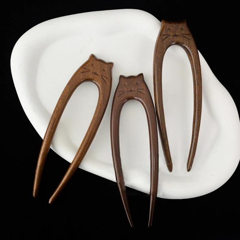 Деревянная заколка для волос с узором «Художественные кошки» Уникальная вилка для волос Этнический стиль Заколка для волос для женщин и девочек Этнические аксессуары для волос