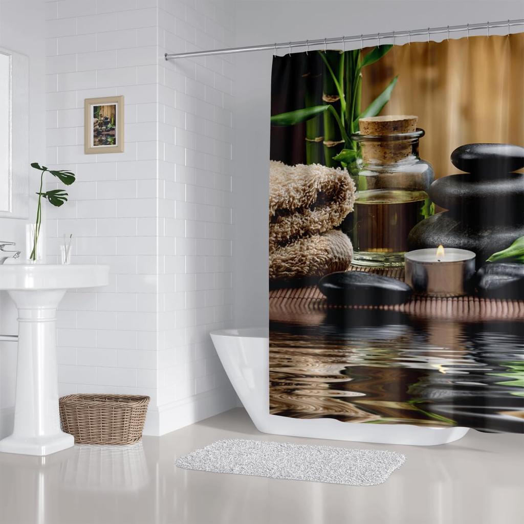 Шторка для душа Zen Spa Базальтовые камни Травяное масло Ароматические свечи Бамбук и отражение воды Расслабляющая медитация Домашний декор Водонепро