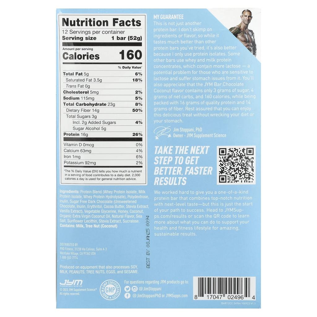 JYM Supplement Science Protein Bar, Chocolate Coconut, 12 Bars, 52 G (1.83 Oz) Each