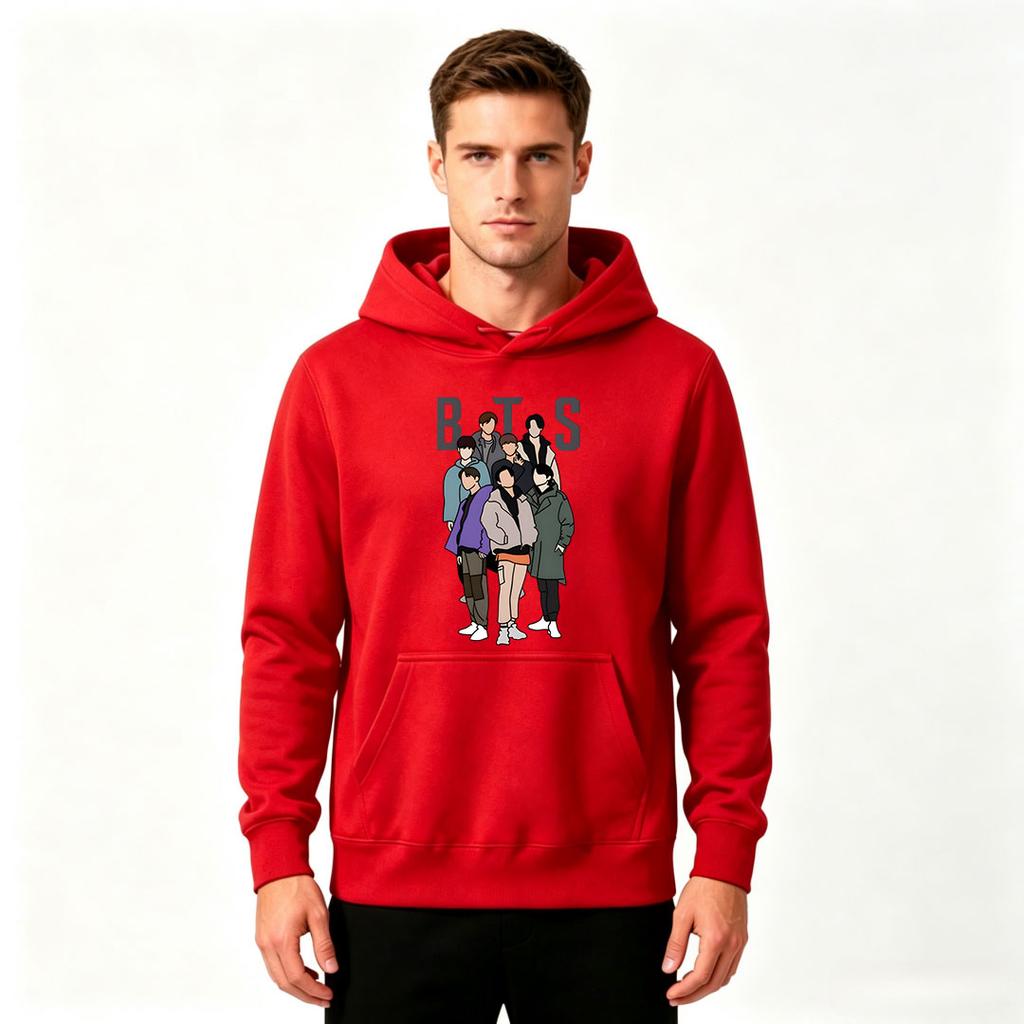Men's Fashion BTS Group Print Pullover Hoodie Casual Long Sleeve Warm Hooded Sweatshirt