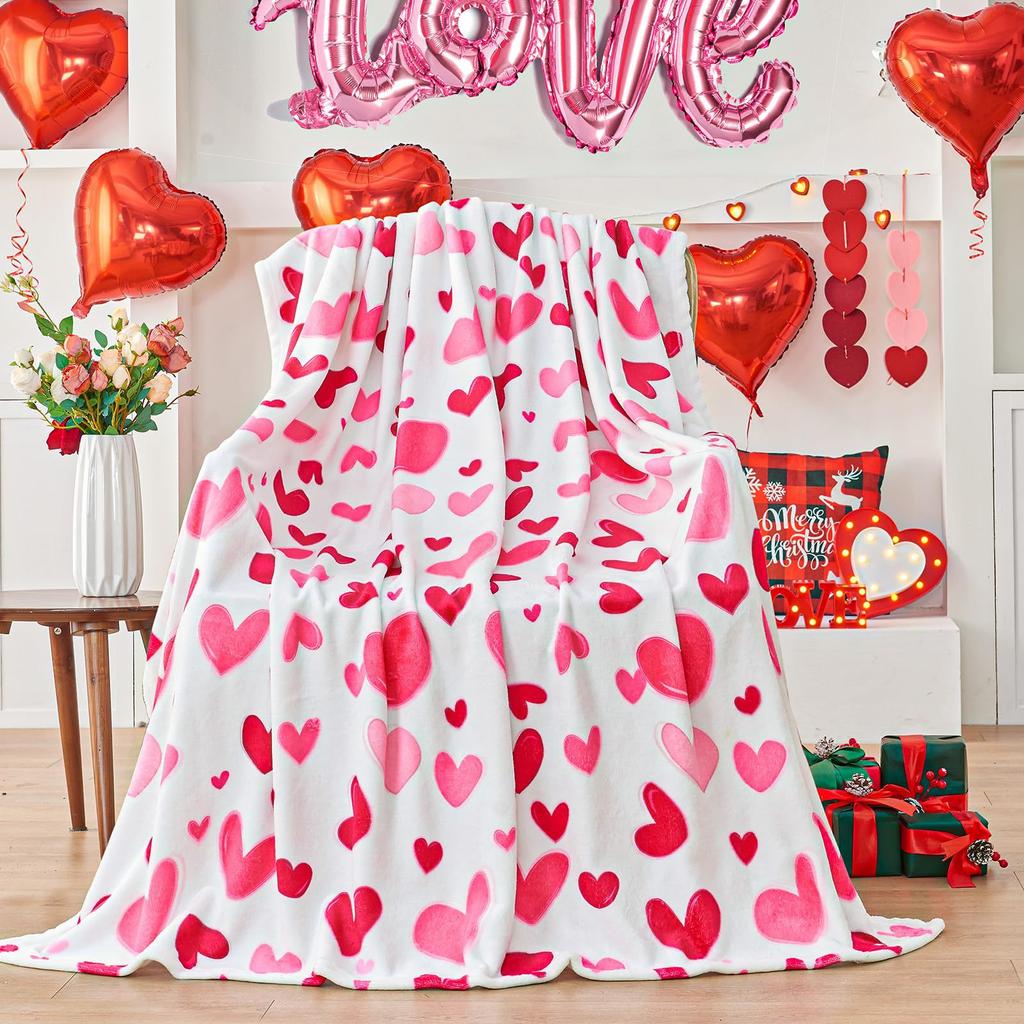 Pink heart-shaped pattern Printed Blanket for Sofa Bed Travel Camping Living Room Office Conditioning Blanket