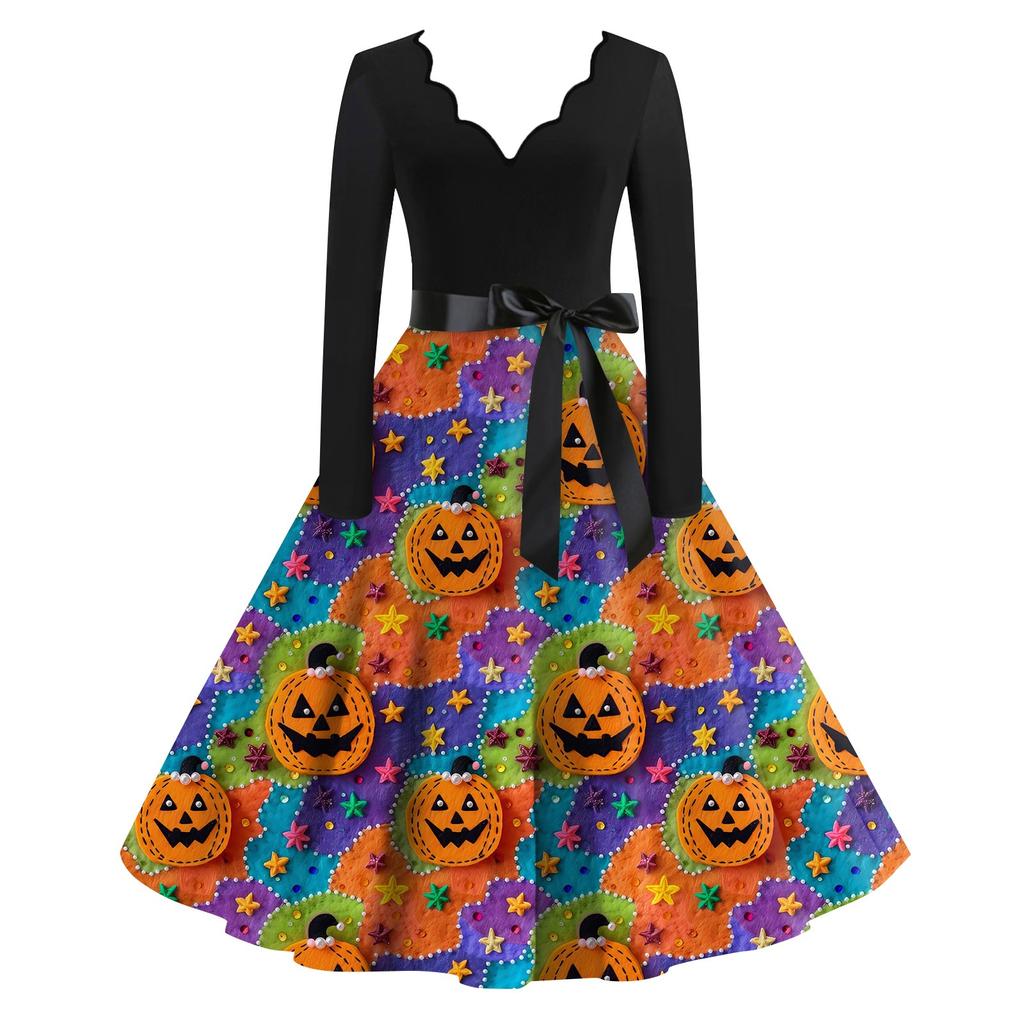 Женская повседневная мода с длинным рукавом Хэллоуин принт винтажные длинные платья осень