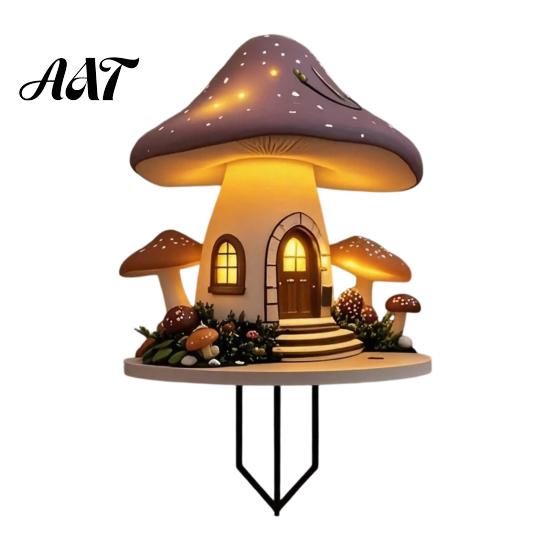Outdoor Patio Decor Mushroom Hut Garden Stake, Whimsical Acrylic Yard Art Fairy Decorative Accents Tale Cabin Ornament for Lawn Flower Bed Plant