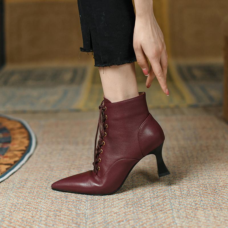 Vintage Mature Women Ankle Boots Pointed Toe High-heeled Lace-Up Genuine Leather Shoes Woman 2024 New Autumn Winter Office Dress
