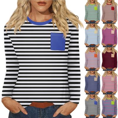 Женский повседневный топ с круглым вырезом и длинными рукавами в полоску с принтом