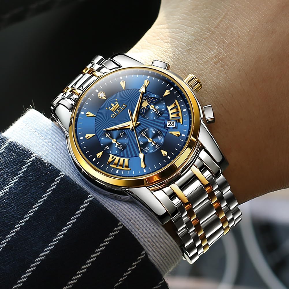 OLEVS Men's Stylish Chronograph Watch, Popular Brand for Business, Large, Easy-to-Read Analog, Waterproof Quartz Wristwatch (Blue-2892)