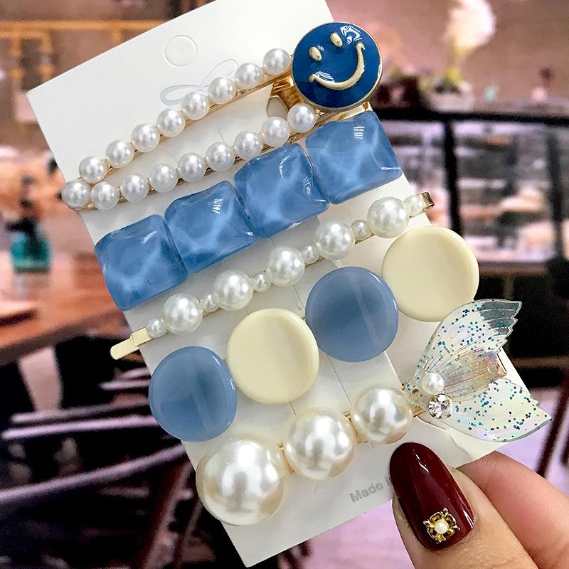 5Pcs/Set Fashion Smiley Pearl Hair Clip For Women Girl Geometric Acetate Barrettes Hairpin Headwear Hair Accessories  Trendy