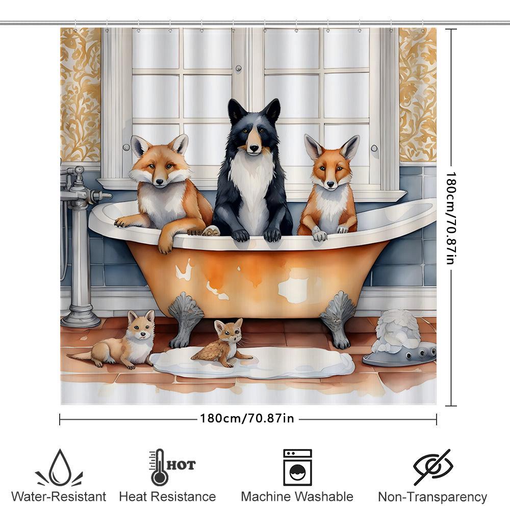 Причудливый декор ванной комнаты: Лисы, купающиеся в роскоши, 3D-печатная шторка для душа для украшения дома, белая, оранжевая, красочная, животная при